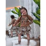 Yiğit Butik Leopar Etekli Fiyonk Desenli Kız Çocuk Takım - Kahverengi - 4 - 5 Yaş