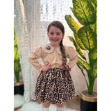 Yiğit Butik Leopar Etekli Kalp Desen Gömlekli Kız Çocuk Takım - Kahverengi - 5 - 6 Yaş