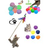 YİĞİTLERAVM 6'lı Kedi Oyun Seti : Kedi Oyun Oltası 50 Cm , 3'lü Oyun Topu , Kedi Sarma Top , Çıngıraklı Top