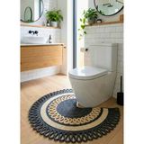 Yıkanabilir Jüt Banyo Paspası Çift Taraflı Koku ve Leke Tutmaz Koku Ve Neme Dayanıklı Sıradışı Doğal Hasır Klozet Önü Halısı Şeritli Bohem Tasarım - 70x70 cm (Antrasit-Ekuri şerit)
