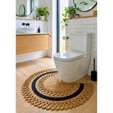 Yıkanabilir Jüt Banyo Paspası Çift Taraflı Koku ve Leke Tutmaz Koku Ve Neme Dayanıklı Sıradışı Doğal Hasır Klozet Önü Halısı Şeritli Bohem Tasarım - 70x70 cm (Hasır-Siyah şerit)