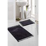 Yıkanabilir Ponpon Saçaklı Kaymaz Taban Post Peluş Banyo Paspası 2'li Takım Siyah