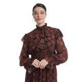 Yılan Derisi Desenli Kadın Elbise - Fırfırlı Yaka - Modern ve Şık Tasarım - Günlük ve Özel Gün için Elbise, Kahve, 42