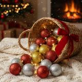 Yılbaşı Ağacı Süs Topu Seti, 12 Parça, Kırmızı Gümüş Altın, 3 cm Simli Parlak Plastik Noel Dekorasyon Topları