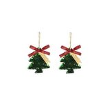Yılbaşı Ağacı Süsü, Yeşil Pullu Çam Ağacı, Kırmızı Kurdele, 2'li Set, Noel Temalı Asılabilir Dekorasyon 10 cm