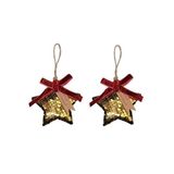 Yılbaşı Ağacı Süsü Yıldız, Altın Pullu, 2'li Set, Kırmızı Kurdele ile, Noel Temalı Asılabilir Dekorasyon 8 cm