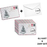 Yılbaşı Çam Ağacı Temalı Kartpostal ve Zarf Seti, Yeniyıl, Tebrik ve Hediye Kartı, 6 Adet, 10X15 cm