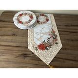 Yılbaşı Çiçeği Kozalak Desenli Runner & Supla - 42 x 135 cm - Kırmızı