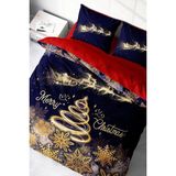 Yılbaşı Çift Kişilik Nevresim Lastikli Çarşaflı Pamuk Saten Gold Noel Nevresim Takımı - Lacivert - Standart