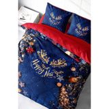Yılbaşı Çift Kişilik Nevresim Lastikli Çarşaflı Pamuk Saten Happy Noel Nevresim Takımı - Mavi - Standart