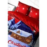 Yılbaşı Çift Kişilik Nevresim Lastikli Çarşaflı Pamuk Saten Noel Red Nevresim Takımı - Mavi - Standart