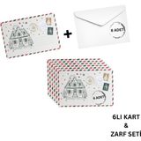 Yılbaşı Ev Temalı Kartpostal ve Zarf Seti, Yeniyıl, Noel, Tebrik ve Hediye Kartı, 6 Adet, 10X15 cm