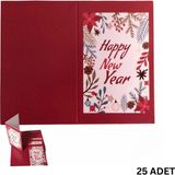 Yılbaşı Happy New Year Yazılı Hediye Kartı - Yeniyıl Tebrik & Not Kartı, 25 Adet, Kırmızı, 5 x 8 cm