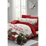 Yılbaşı (Lastikli Çarşaflı) Çift Kişilik Pamuk Saten Merry Christmas Nevresim Takımı - Kırmızı - Standart