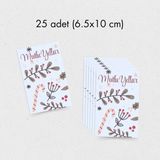 Yılbaşı Mutlu Yıllar Yazılı Hediye Kart Seti, Baston Temalı Paketleme Kartı, 25 ADET-6,5X10 Cm,beyaz