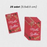 Yılbaşı Mutlu Yıllar Yazılı Hediye Kart Seti, Yeniyıl Paketleme Kartı, 25 Adet-5,5x8.5 Cm, Kırmızı