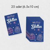 Yılbaşı Mutlu Yıllar Yazılı Hediye Kart Seti, Yeniyıl Paketleme Kartı, 25 ADET-6,5X10 Cm, Mavi