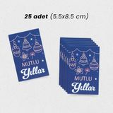Yılbaşı Mutlu Yıllar Yazılı Hediye Kart Seti, Zil Temalı Paketleme Kartı, 25 Adet-5,5x8.5 Cm, Mavi