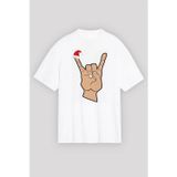 Yılbaşı Noel Başlıklı Serçe Parmak Baskılı Oversize Bisiklet Yaka T-Shirt - Beyaz