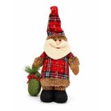 Yılbaşı Peluş Noel Baba, Ekoseli Kırmızı Kar Taneli Kıyafet, Beyaz Sakallı, Ayakta Duran Figür, 42 cm