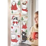 Yılbaşı Sevimli Kedileri Yeni Yıl Kedileri Cam Kapı Duvar Sticker Seti, Yılbaşı Süsü Dijital Baskı