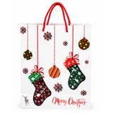 Yılbaşı Simli Karton Hediye Çantası, Merry Christmas Temalı, Renkli Süslemeli, 19.5x23.5x8 cm, 1 Adet