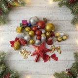 Yılbaşı Süsleri 38 Parça Noel Ağacı Dekorasyon Seti, 90 cm Çam Ağacı, Kırmızı-Altın-Gümüş Toplar, Yıldız, Kozalak, Çan ve Hediye Kutusu Süsleri