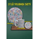 Yılbaşı Temalı 3'lü Bilek Destekli Mousepad Kupa ve Bardak Altlığı Seti, hbspylbs52