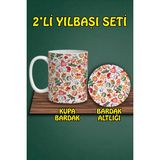Yılbaşı Temalı Kupa ve Bardak Altlığı Seti - Beyaz - 300 cc