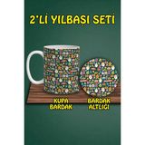 Yılbaşı Temalı Kupa ve Bardak Altlığı Seti - Gri - 300 cc