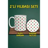 Yılbaşı Temalı Kupa ve Bardak Altlığı Seti - Kahverengi - 300 cc