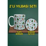 Yılbaşı Temalı Kupa ve Bardak Altlığı Seti - Kırmızı - 300 cc