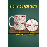 Yılbaşı Temalı Kupa ve Bardak Altlığı Seti - Yeşil - 300 cc
