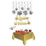 Yılbaşı Temalı Parti Seti, 8'li Tabak Bardak, 25'li Çatal, 16'lı Peçete, Masa Örtüsü, 3D Kar Tanesi, Mutlu Yıllar Kaligrafi