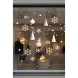 Yılbaşı Vitrin Süsü, Altın Rengi Kar Taneleri ve Noel Temalı Dekoratif Cam Sticker Seti, 39x47 cm, Beyaz ve Altın
