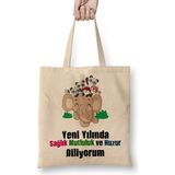 Yılbaşı Yeni Yıl Konseptli Mutlu Yıllar Hediye 012 Bez Çanta Uzun Saplı - Açık Bej - 40 X 40
