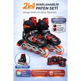 Yıldırım Oyuncak 2in1 LED Işıklı Çocuk Pateni + Koruyucu Set (Dizlik Dirseklik Bileklik) Taşıma Çantalı Inline Paten - Siyah - Gri