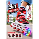 Yıldırım Oyuncak 3in1 LED Işıklı Full Koruma Setli Lüks Çocuk Pateni - Ayarlanabilir 2+2 / 2+1+1 Dizilim Taşıma Çantalı Inline Paten - Kırmızı