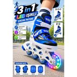 Yıldırım Oyuncak 3in1 LED Işıklı Full Koruma Setli Lüks Çocuk Pateni - Ayarlanabilir 2+2 / 2+1+1 Dizilim Taşıma Çantalı Inline Paten - Mavi