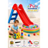 YILDIRIM OYUNCAK 7'li Çocuk İlk Kaydırağım Oyun Seti – 114×25 cm Şişme Tabanlı Havuz, 100 Top, Bul-Tak Eğitici Küp, 6'lı Bardak Kule, El Pompası ve Tamir Yaması