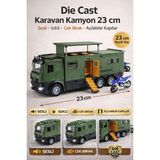 Yıldırım Oyuncak Die Cast Karavan Sesli Işıklı Çek Bırak Açılabilir Kapılı Kamyon 23CM | Motorsikletli Model Oyuncak - Haki