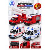 YILDIRIM OYUNCAK Die Cast Mercedes-Benz Sprinter Acil Hizmet Araçları 4’lü Set 12cm – İtfaiye Polis Ambulans Metal Çek Bırak Açılır Kapılı Model Araba