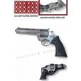 Yıldırım Oyuncak Gri Metal Revolver Silah 25 cm Mantar Kapsül Atan Tabanca Revolver 144 Adet Kapsül Hediyeli - Gümüş - Gri