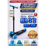 Yıldırım Oyuncak LED Işıklı Frenli 3 Tekerlekli Çocuk Twist Scooter + 6 Parça Koruma Seti Dizlik Dirseklik Bileklik - Mavi - Siyah