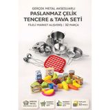 Yıldırım Oyuncak Metal Paslanmaz Çelik Oyuncak Tencere Tava Seti 11 Parça - File Meyve 21 Parça Toplam 32 Parça - Gri