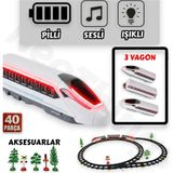 Yıldırım Oyuncak Pilli LED Işıklı 40 Parça Raylı Aksesuarlı Manyetik Vagonlu 308 cm Gerçekçi Tren Seti - Kırmızı - Beyaz