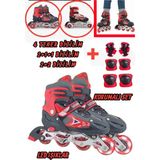 Yıldırım Oyuncak Silikon Tekerli Işıklı Ayarlanabilir Çocuk Pateni 2+1+1 2+2 Ve Tek Sıra 3in1 Dizlik Dirseklikli Set - Kırmızı - 30-33