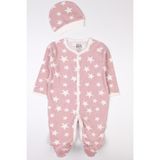 Yıldız Desenli Bebek Tulumu Patikli Şapkalı Bebek Tulumu - Pembe - 6 Ay