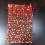 Yıldız Desenli Kırmızı Organze Hediye Kesesi, 19x13 cm, Kurdele Bağcıklı