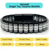 Yıldız Doğal Taş Sertifikalı Hematit Doğal Taş Tasarım Erkek Bileklik - 21 cm - Siyah